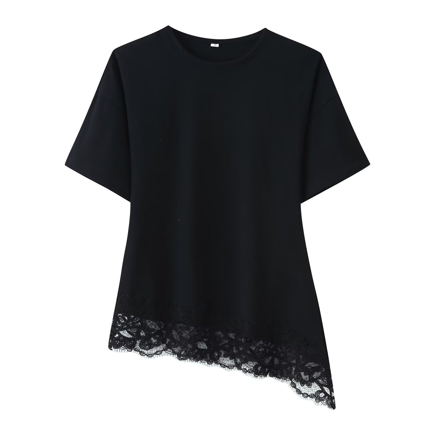 Women's Casual Round Neck Tee - Stylish Lace Stitched Asymmetrical Top