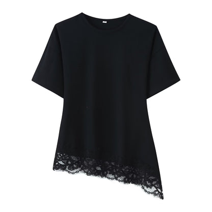Women's Casual Round Neck Tee - Stylish Lace Stitched Asymmetrical Top