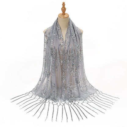 Long Fringe Sequin Embroidered Shawl | Party Dress Evening Banquet Thin Scarf
