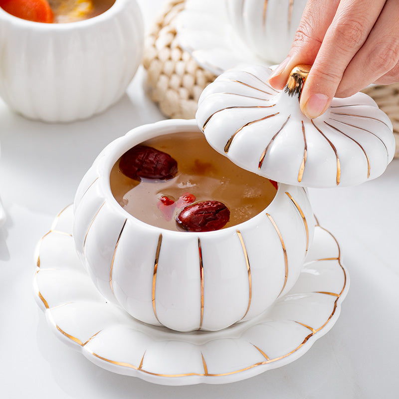 Creative Ceramic Pumpkin Soup Bowl with Lid and Saucer Set