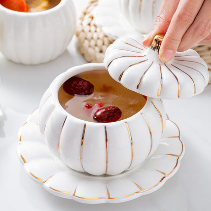 Creative Ceramic Pumpkin Soup Bowl with Lid and Saucer Set