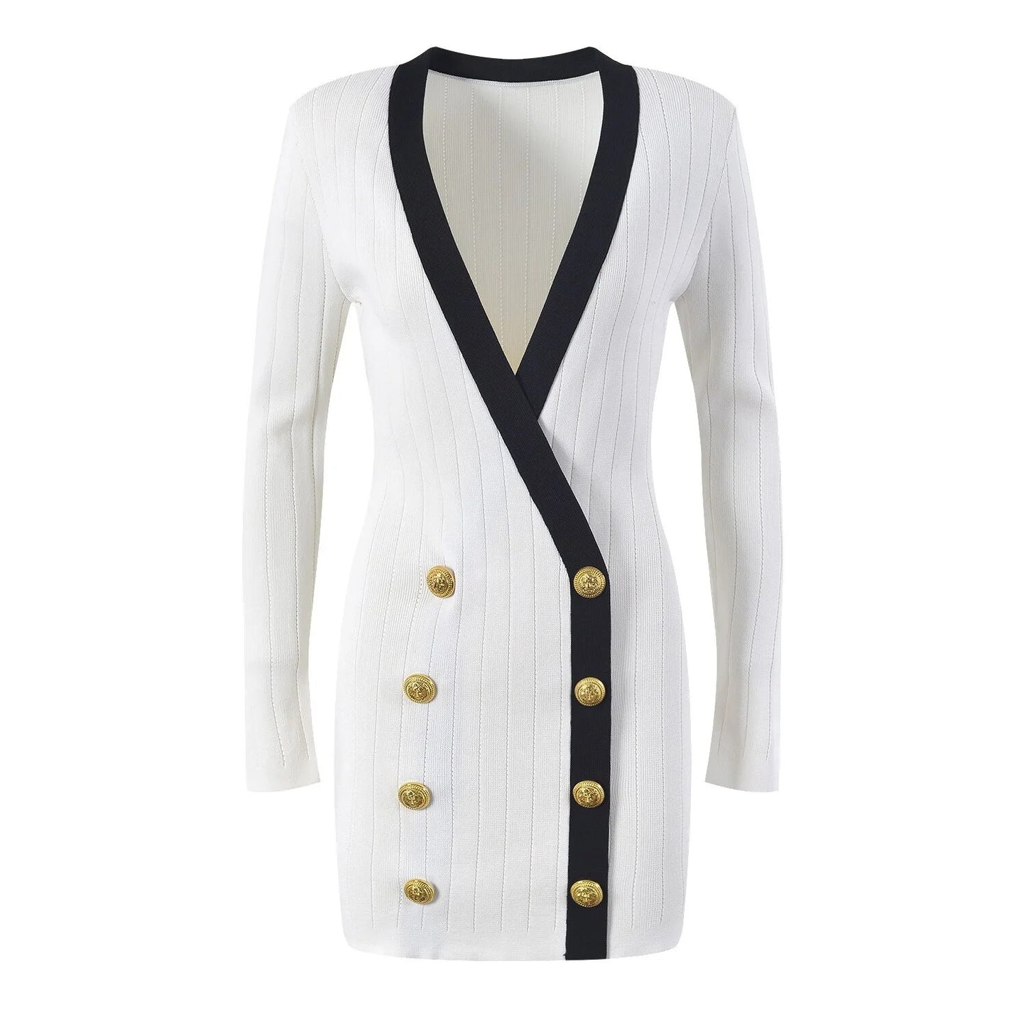 Luxury Contrast Knit Mini Dress - Elegant Gold Button Deep V-Neck Sweater Dress for Women