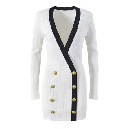 Luxury Contrast Knit Mini Dress - Elegant Gold Button Deep V-Neck Sweater Dress for Women