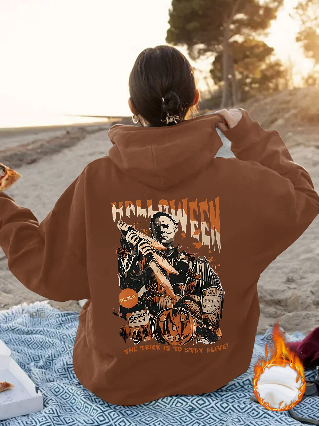 Grunge Skull Graphic Print Fleece Hoodie | Oversized Rust Brown Pullover for Streetwear