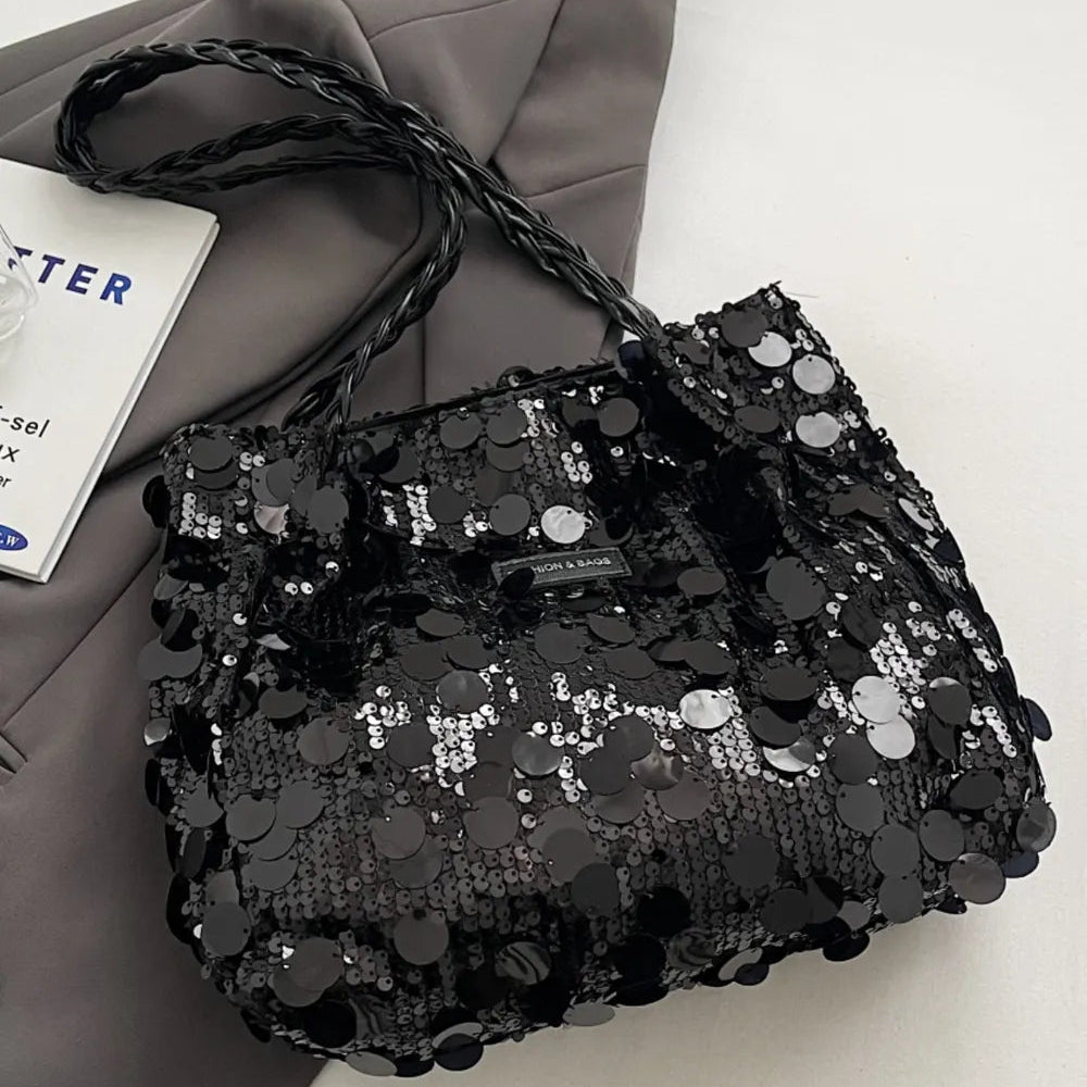 Sparkly Silver Sequin Bag with Braided Shoulder Strap (Hobo Style)