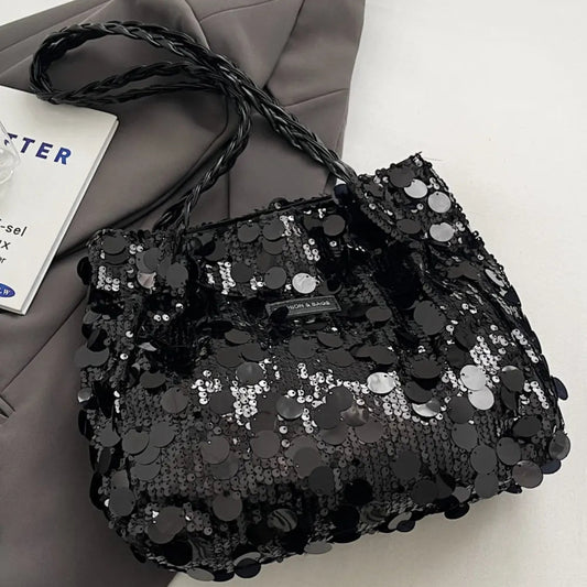 Sparkly Silver Sequin Bag with Braided Shoulder Strap (Hobo Style)