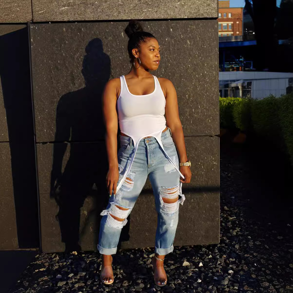 High-Rise Distressed Nine-Panel Denim Pants - Chic Ripped Jeans