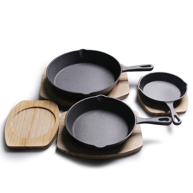 Pre-Seasoned Cast Iron Skillet Set with Wooden Base for Egg & Crepe