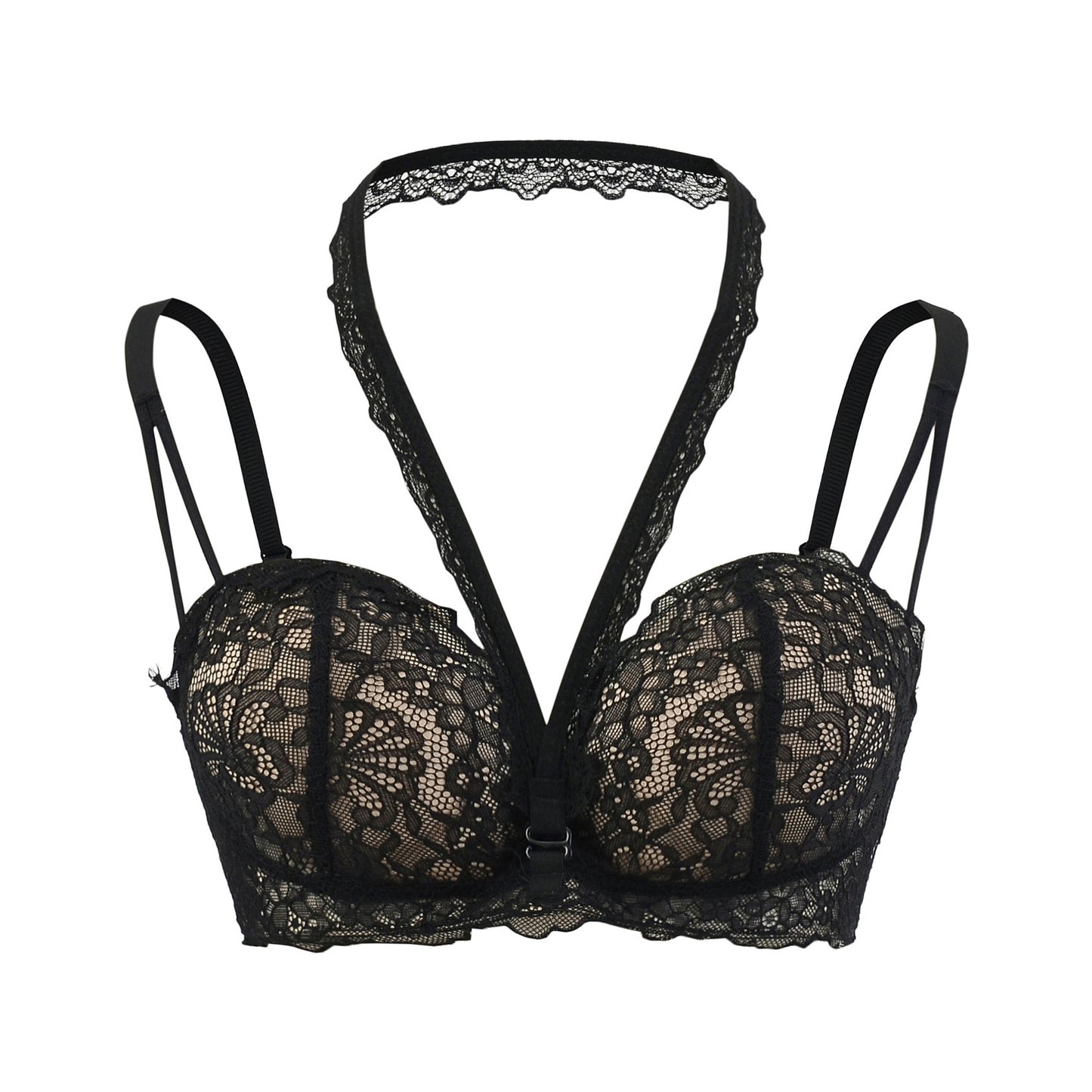 Push Up Padded Lace Bra with Deep V Neck and Thin Straps