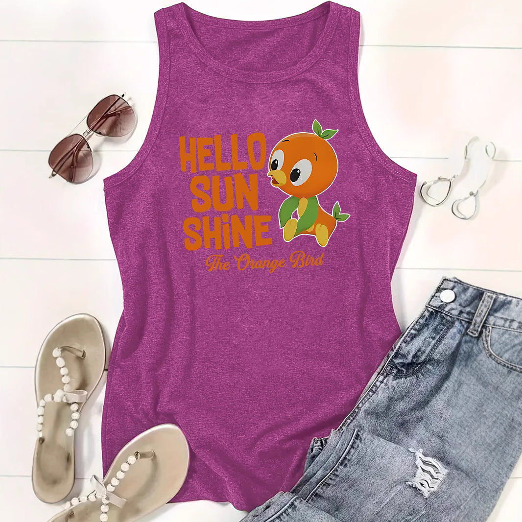 Hello Sunshine' Orange Bird Print Vest | Loose Fit Graphic Tank Top for Women