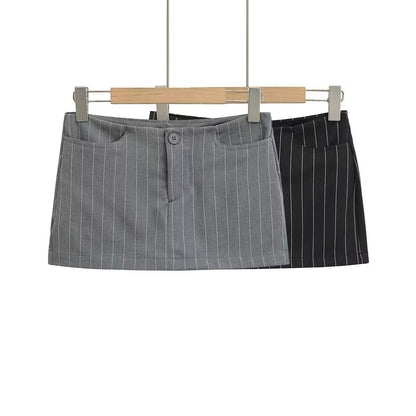 Classic Striped Low-Waisted Slim Fit Mini Skirt with Single Button