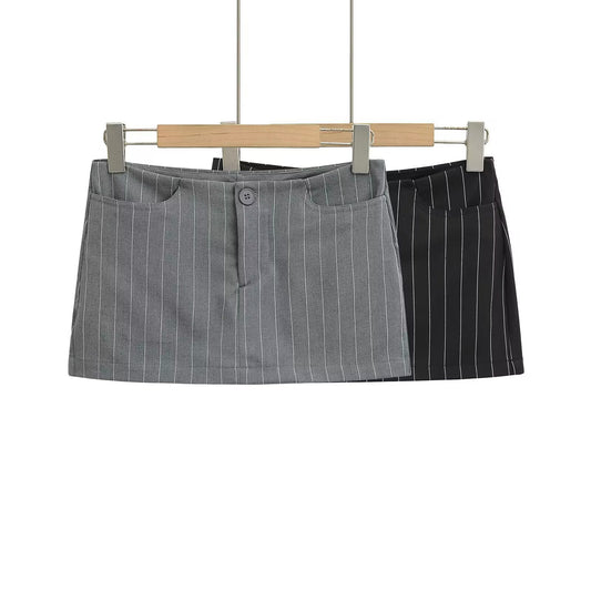 Classic Striped Low-Waisted Slim Fit Mini Skirt with Single Button