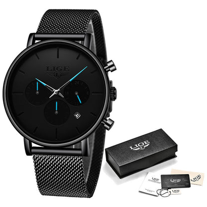 LIGE Men's Ultra-Thin Black Mesh Strap Multi-Function Quartz Watch