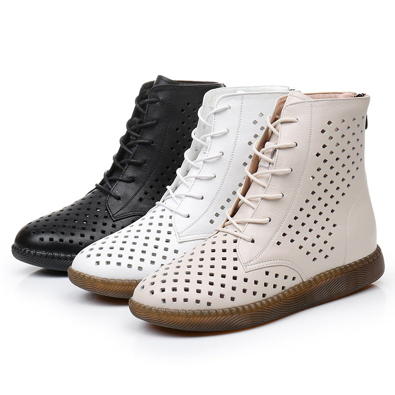 Women's Retro Hollowed Out Martin Boots – Soft Breathable Leather Flat Boots for All-Day Comfort