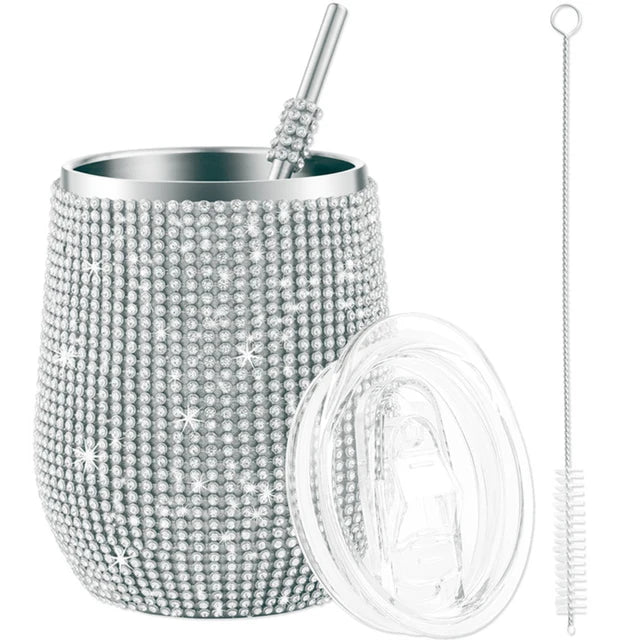 12oz Luxury Diamond Rhinestone Wine Tumbler - Insulated Stainless Steel Cup with Straw & Lid