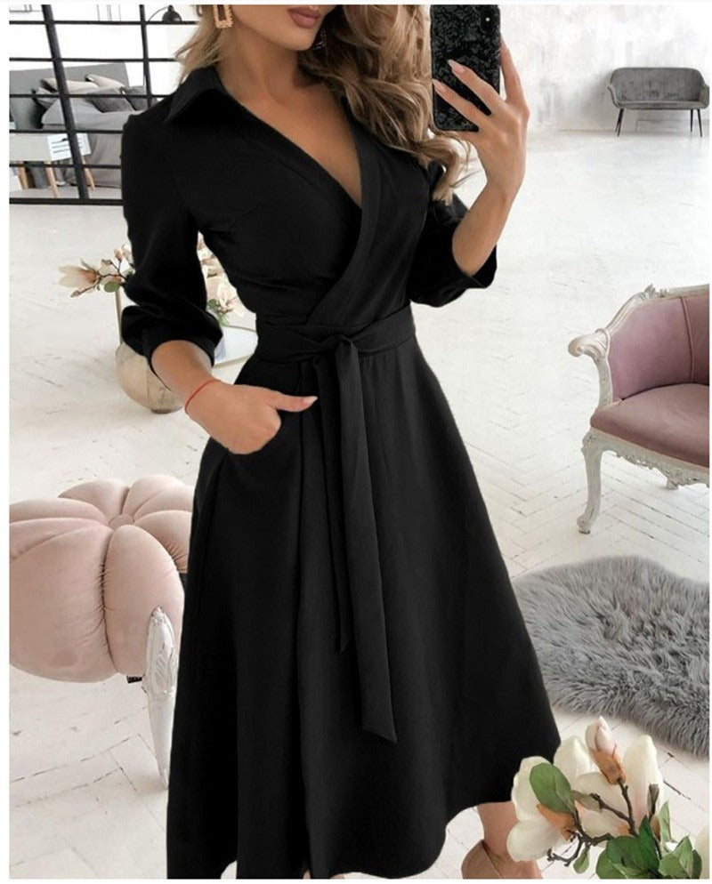 Elegant V-Neck Wrap Midi Dress - Chic Long Sleeve Office & Party Wear for Women