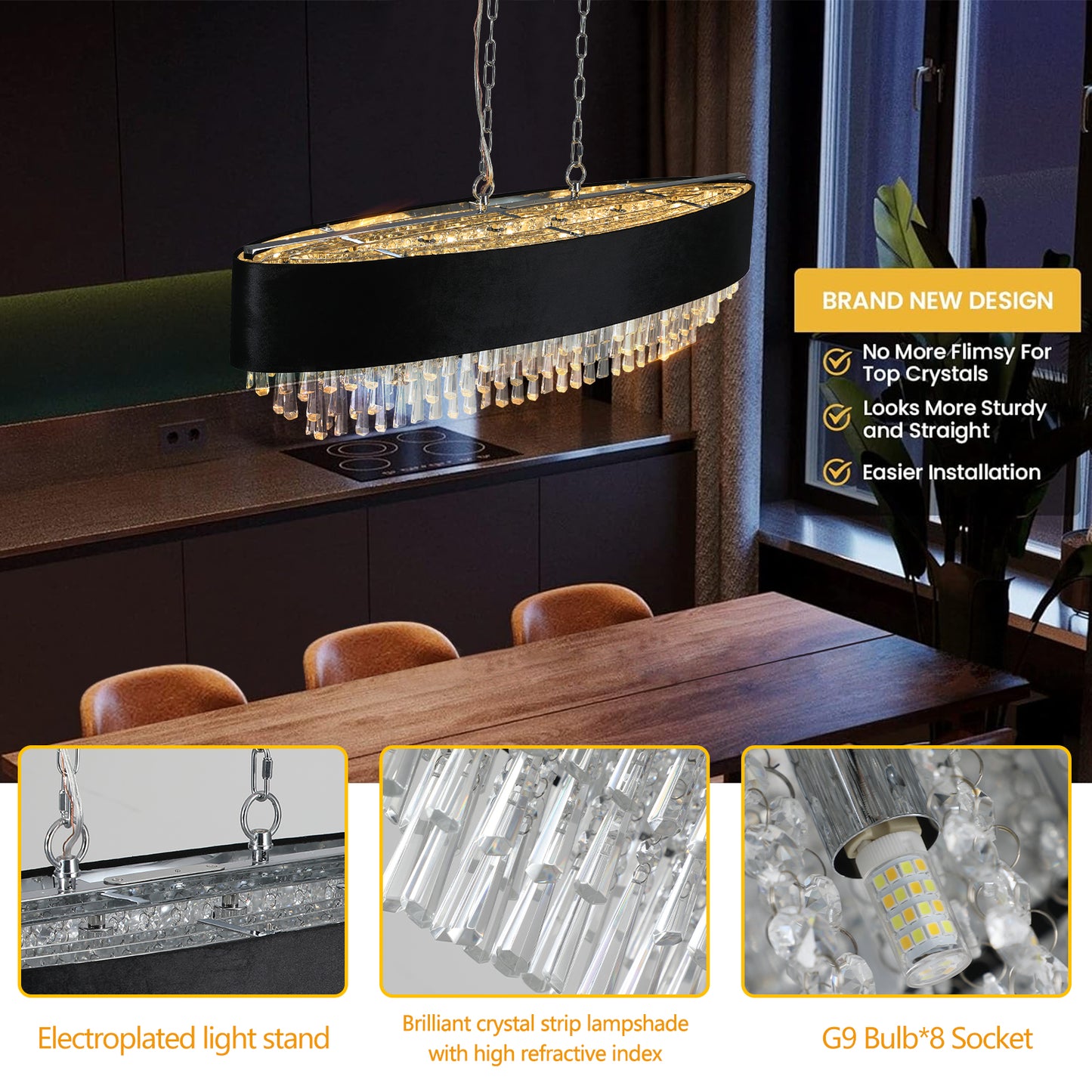 Luxury Modern Black Crystal Chandelier – Elegant Round Pendant Light for Dining & Living Room