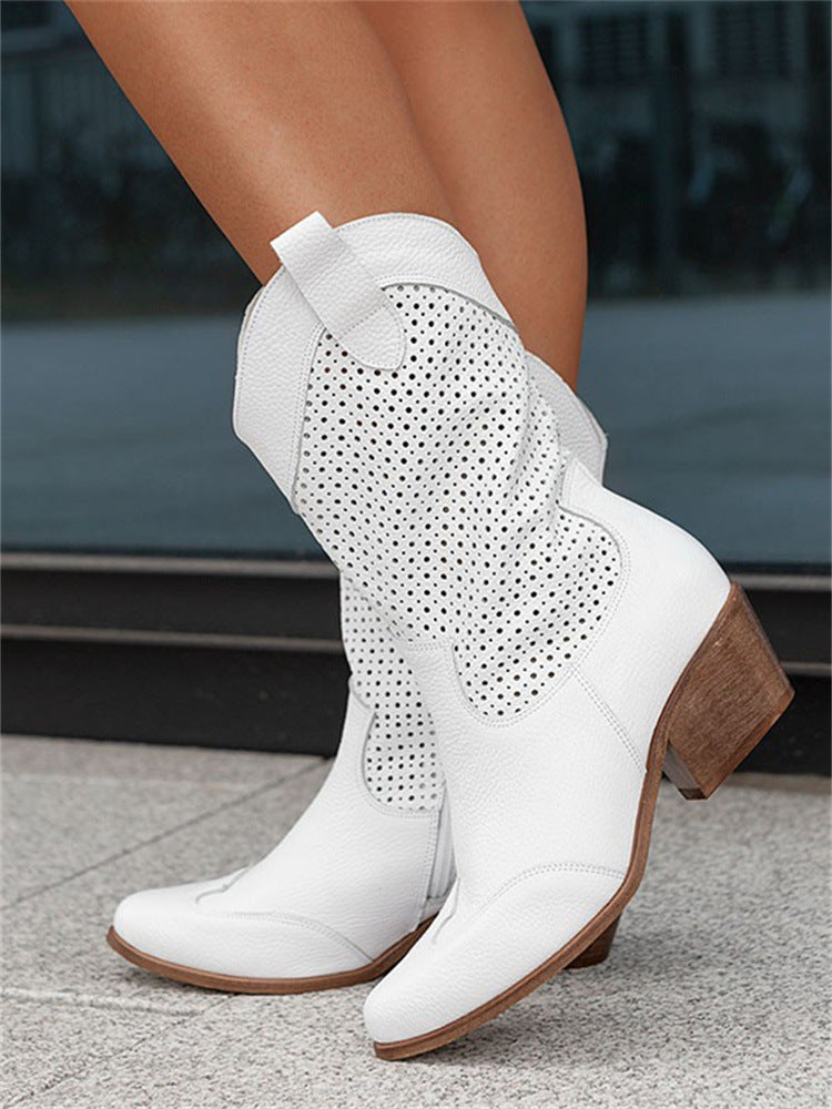 Women's Mid Heeled Suede Low Cut Ankle Boots (Perforated Design)