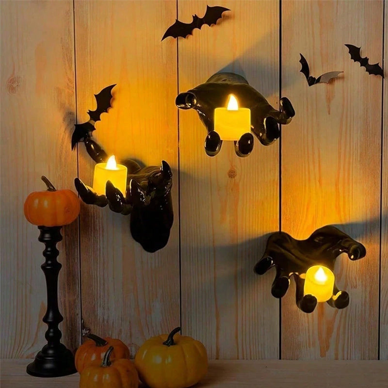 Gothic Spooky Hands Wall Decor – Halloween Candle Holder & Bat Wall Stickers Set