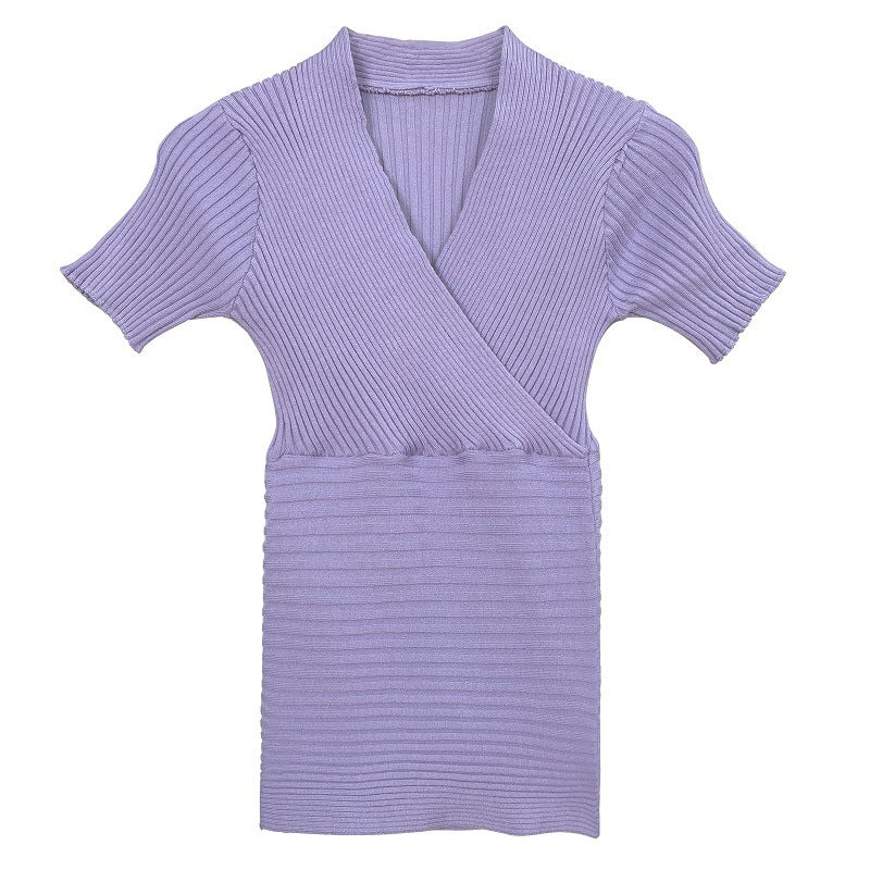 Chic V-Neck Ribbed Knit Short Sleeve Wrap Top