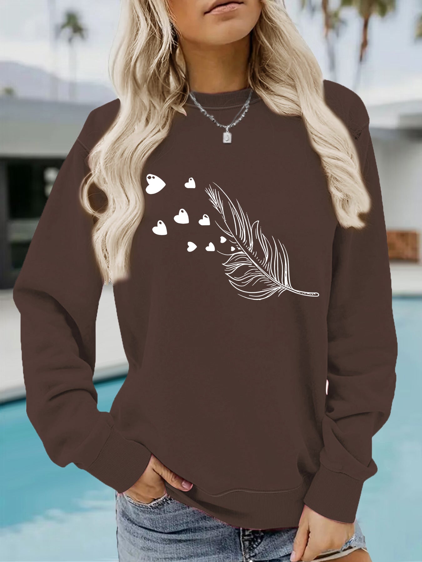 Feather & Heart Print Grey Sweatshirt | Cozy Long Sleeve Pullover for Women