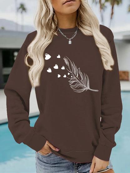 Feather & Heart Print Grey Sweatshirt | Cozy Long Sleeve Pullover for Women
