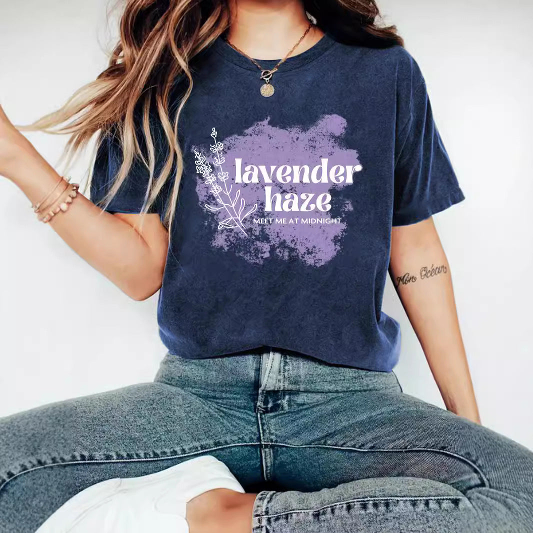 Lavender Haze' Pattern Printed Round Neck Short Sleeved T-Shirt | Graphic Slogan Tee