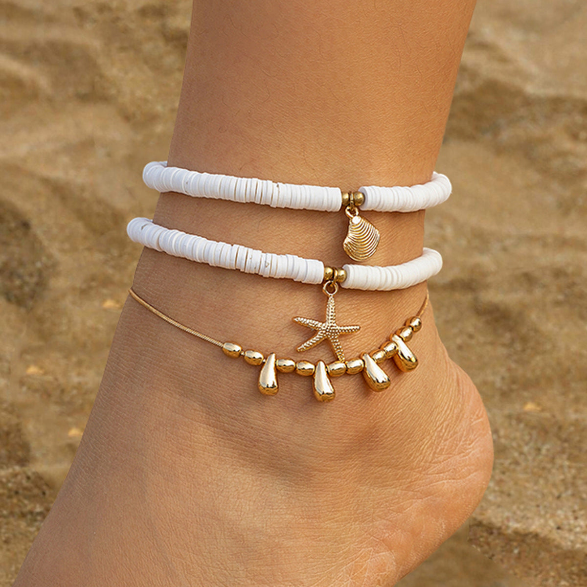 Boho Starfish Charm & White Beaded Anklet Set