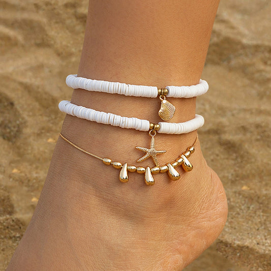 Boho Starfish Charm & White Beaded Anklet Set