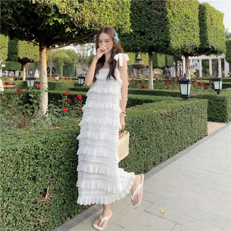 Elegant French Style White Chiffon Suspender Dress - Sleeveless Ruffle Layered Cake Skirt for Women