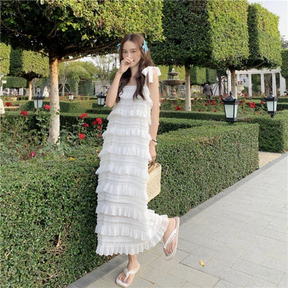 Elegant French Style White Chiffon Suspender Dress - Sleeveless Ruffle Layered Cake Skirt for Women