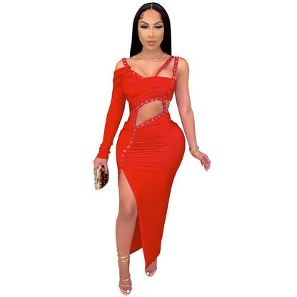 Sexy Royal Blue Irregular Cut-Out Maxi Dress – Glamorous One-Sleeve Slit Club Dress for Women