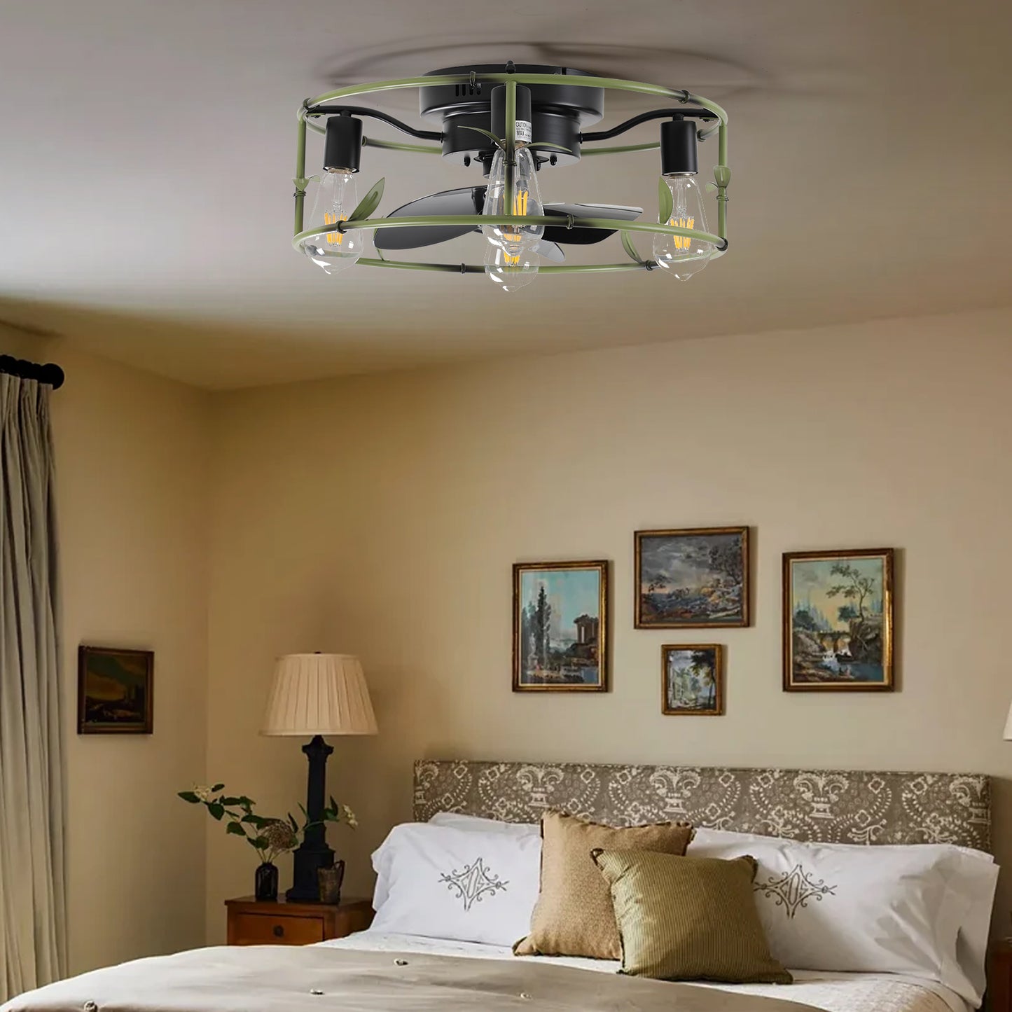 Modern Low Profile Caged Ceiling Fan with Lights – Remote Controlled Flush Mount Fan for Bedroom & Dining