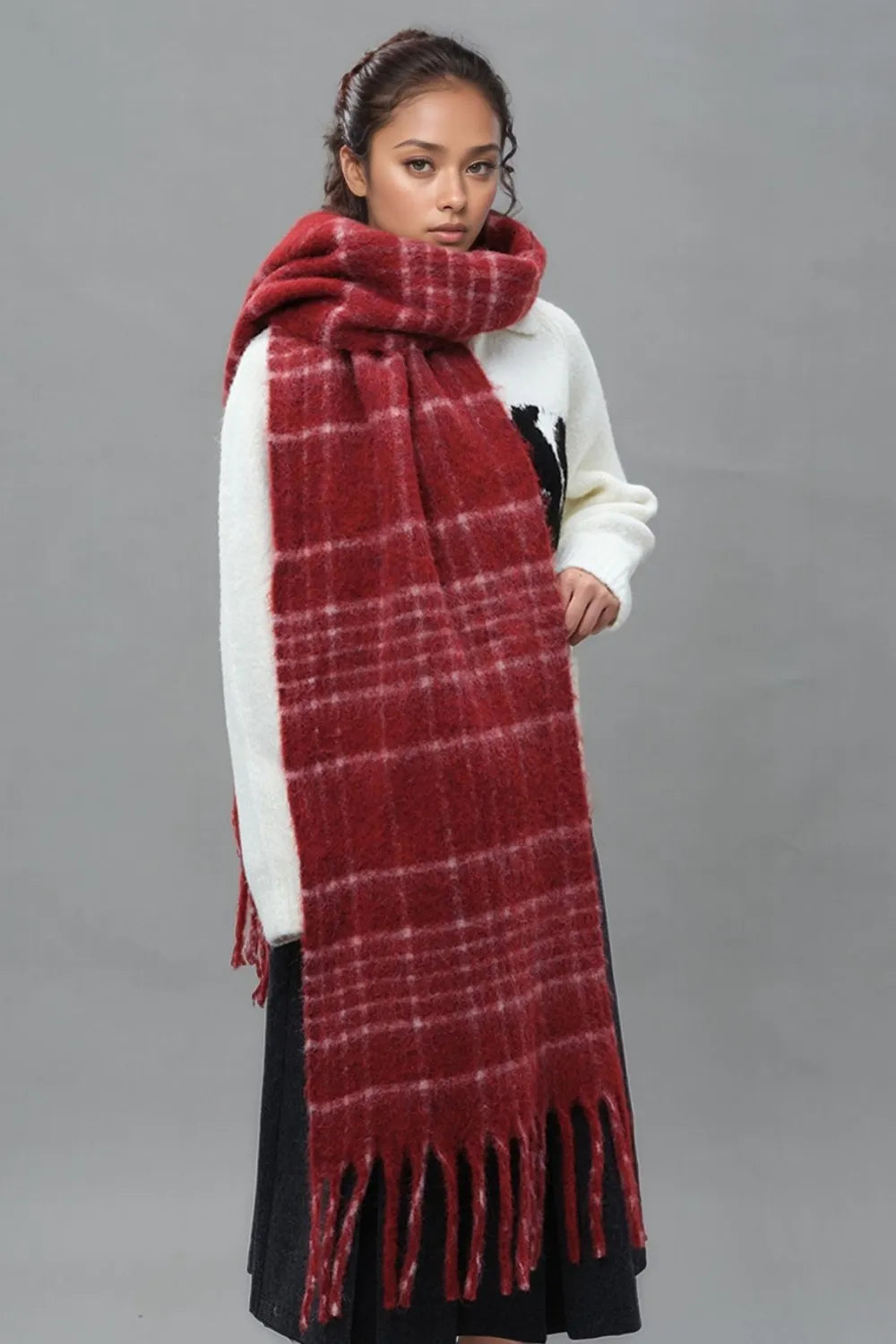 Women's Oversized Red Plaid Scarf | Soft Thermal Fringe Winter Shawl & Blanket Wrap
