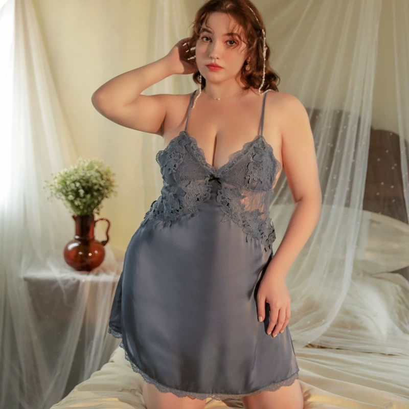 Elegant Lace Trim Suspender Nightdress - Curvy Women's Imitation Silk Pajama Dress