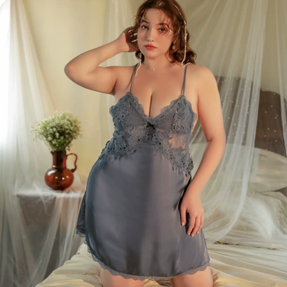 Elegant Lace Trim Suspender Nightdress - Curvy Women's Imitation Silk Pajama Dress
