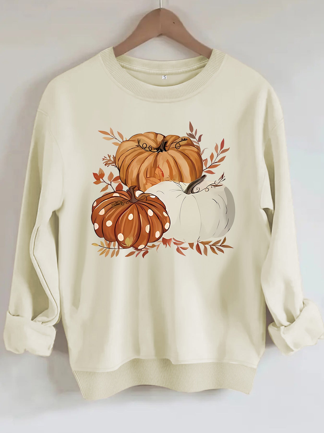 Three Pumpkin Pattern Printed Fall Sweatshirt | Thanksgiving Autumn Graphic Pullover