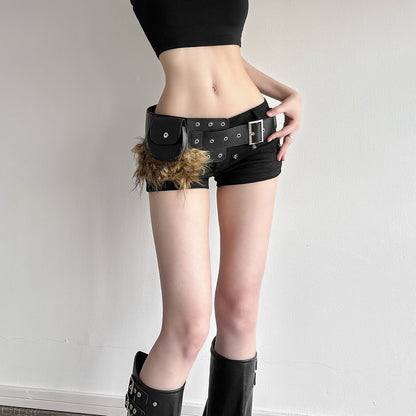 Splicing Faux Fur & PU Leather Utility Belt Bag | Adjustable Metal Buckle Fanny Pack