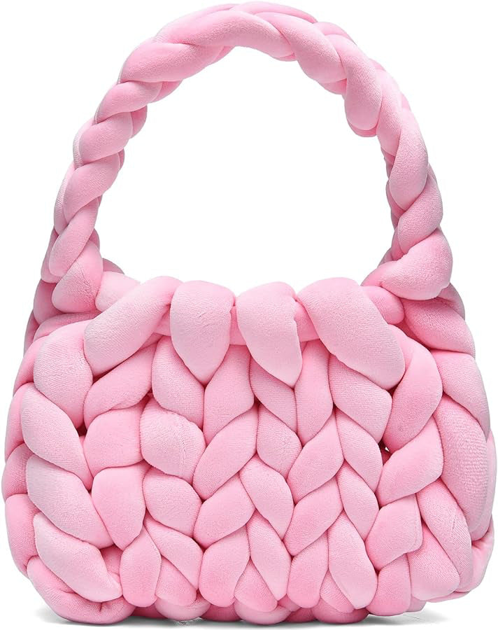 Chunky Hand-Knitted Velvet Yarn Shoulder Bag - Pink