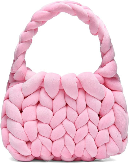 Chunky Hand-Knitted Velvet Yarn Shoulder Bag - Pink