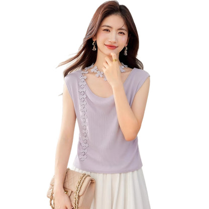 Women's Decorative Flower Sleeveless Vest - Plus Size Slim Fit Knit Inner Wear