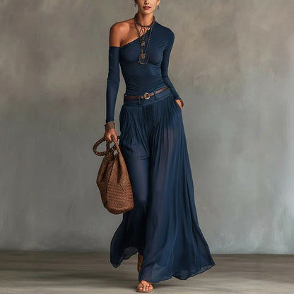 Women's Fashionable Asymmetrical One-Shoulder Top and Maxi Skirt Set with Belt