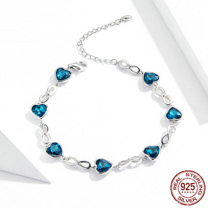 Women's Silver Link Bracelet with Sapphire Blue Hearts & Infinity Symbols