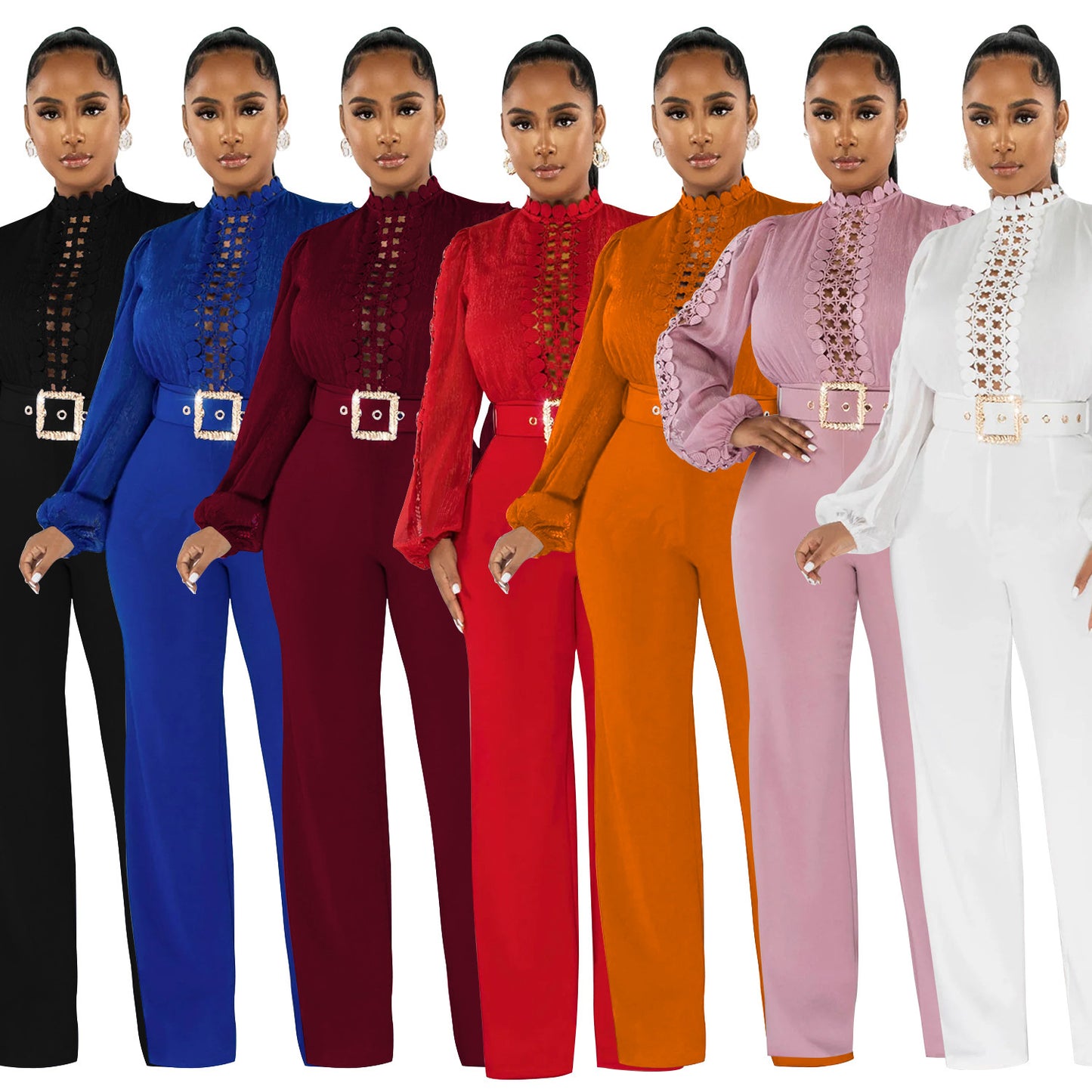 Chic Solid Color Long Sleeve Belted Jumpsuit - Elegant Ruffle Cut-out Party Trousers