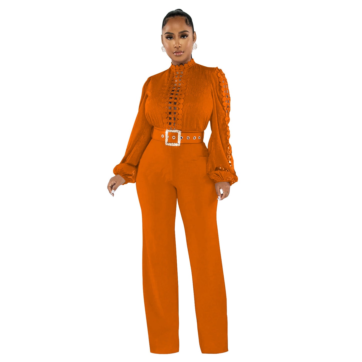 Chic Solid Color Long Sleeve Belted Jumpsuit - Elegant Ruffle Cut-out Party Trousers