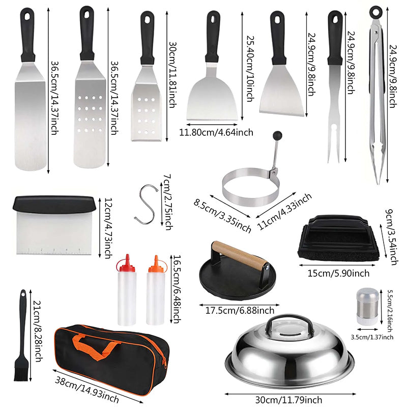 Heavy-Duty Stainless Steel Griddle Tools Kit | 29-Piece Barbecue Set with Carrying Bag