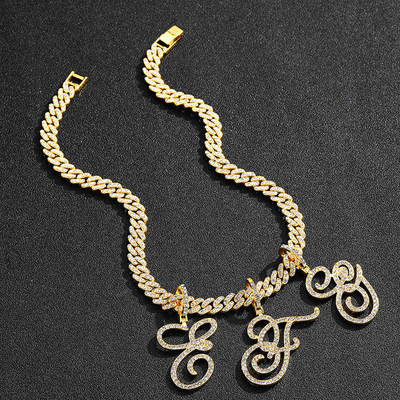 Iced Out Initial Letter Pendant Cuban Chain Necklace