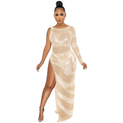 Glamorous Rhinestone Single Long Sleeve Maxi Dress – Sexy Irregular Slit Nightclub Outfit for Women