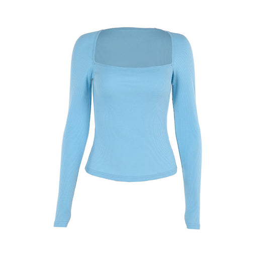 Minimally Slim Fit Vertical Knit Square Neck Long Sleeved Top for Women