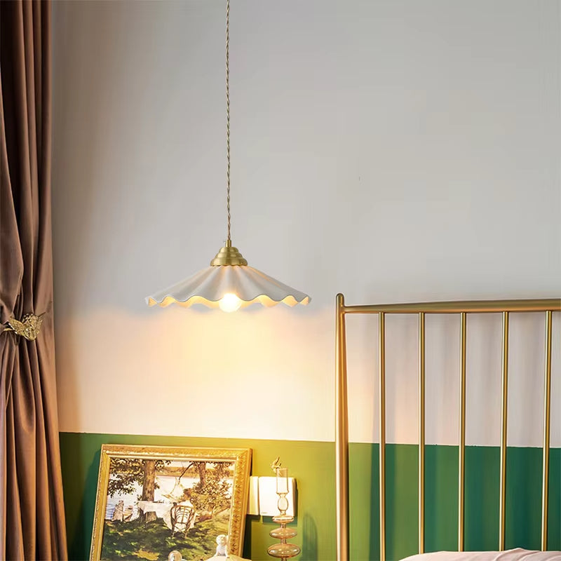 All-Copper Retro Rice-Hat Pendant Light – Elegant Floral Ceramic Chandelier for Bedroom & Cafe